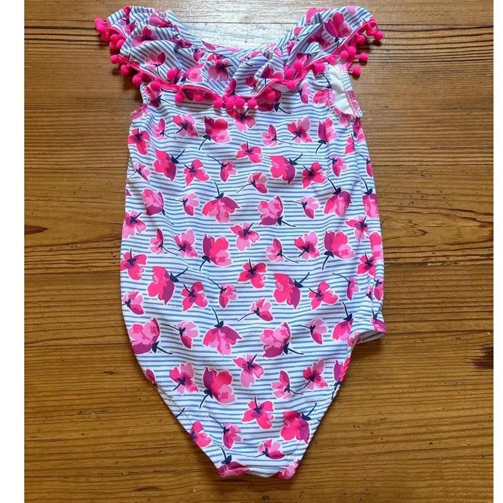 Nicole Miller Swimsuit Kids Blue Pink Floral Pom Pom Striped One Piece SIZE 12‎ - Picture 6 of 6
